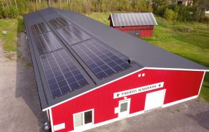 Fagersta Hundcenter, en röd byggnad med solceller från Solkraft Sverige på taket.
