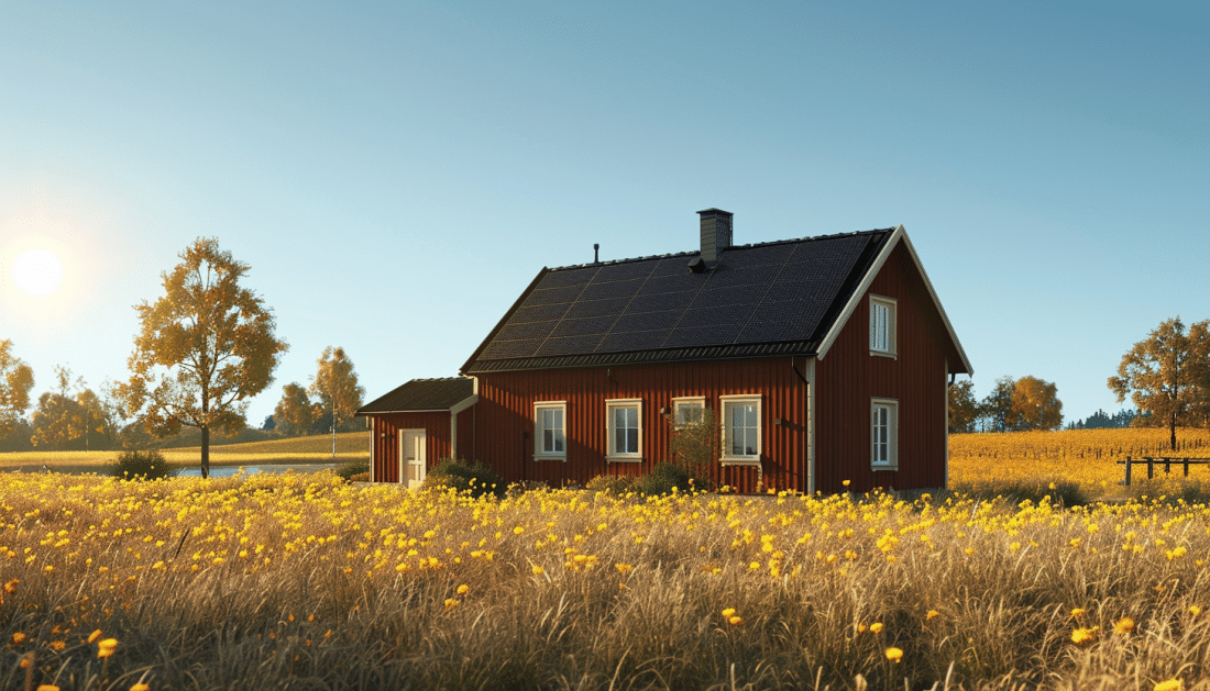 Rött hus på landet med solpaneler på taket. Runt huset växer högt gräs och gula blommor. 