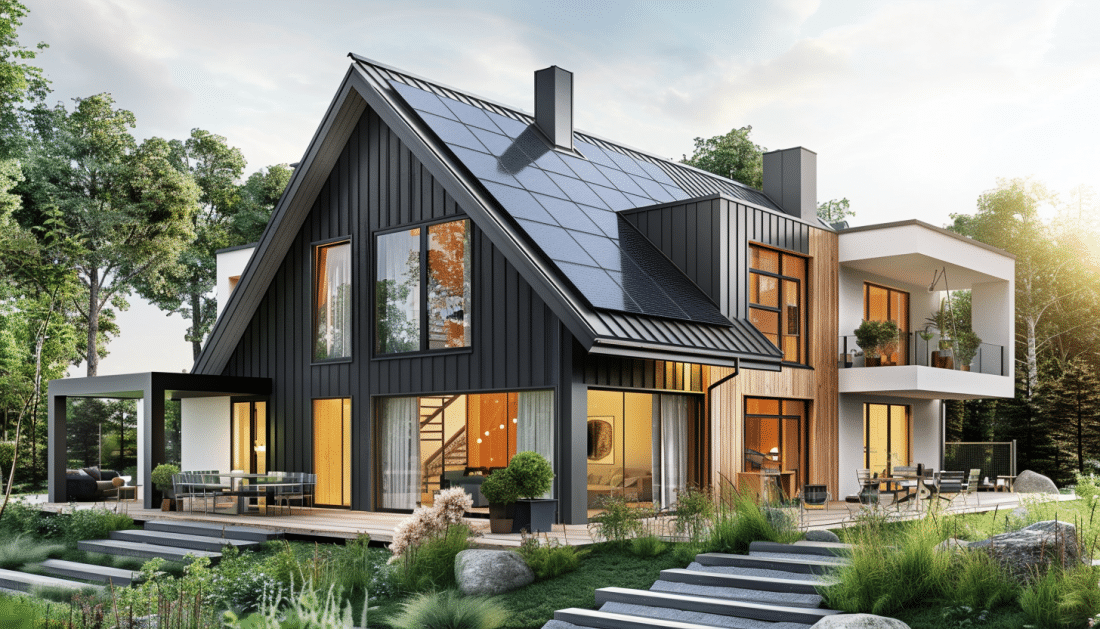 Bilden visar en modern villa med solceller på taket.